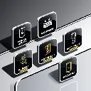 Create five high-resolution, modern, and visually appealing digital icons, each placed within its own square frame, to highlight key product features. The icons should represent_ _PREMIUM QUALITY,_ _WATERPROOF,__WEATHERPROOF_, _SCRATCHPROOF.webp