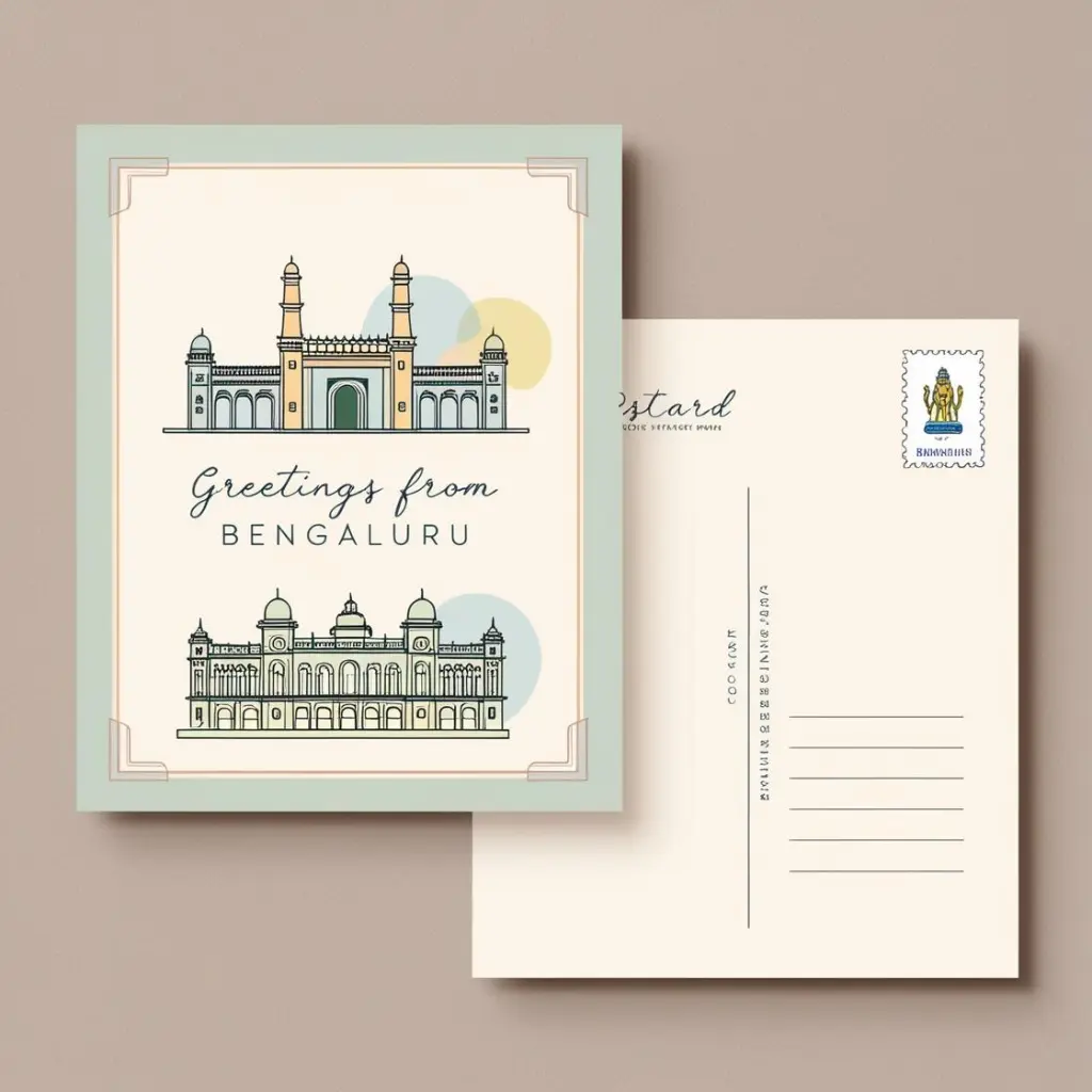Postcard Design Concept__Front Design___Main Element_ Iconic Bengaluru landmarks like Vidhana Soudha, Bangalore Palace, and Cubbon Park illustrated in a minimalistic yet colorful style.__Color Palette_ A blend of soft pastel tones (blue (7).webp