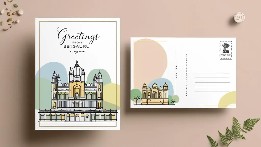 Postcard Design Concept__Front Design___Main Element_ Iconic Bengaluru landmarks like Vidhana Soudha, Bangalore Palace, and Cubbon Park illustrated in a minimalistic yet colorful style.__Color Palette_ A blend of soft pastel tones (blue (3).webp
